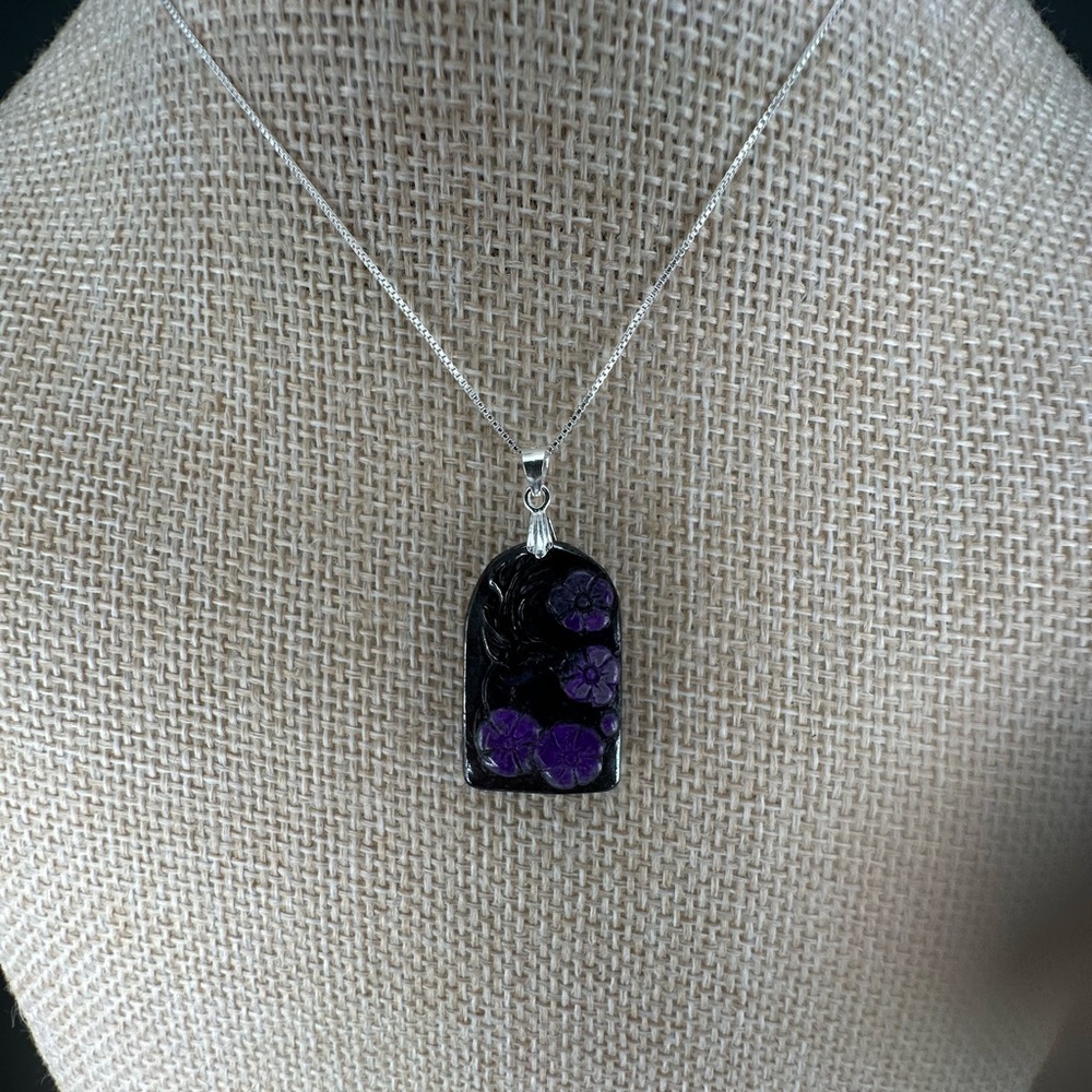 Arch Shaped Deer and Flowers Sugilite Pendant on Sterling Silver Box Chain - Picture 14 of 16